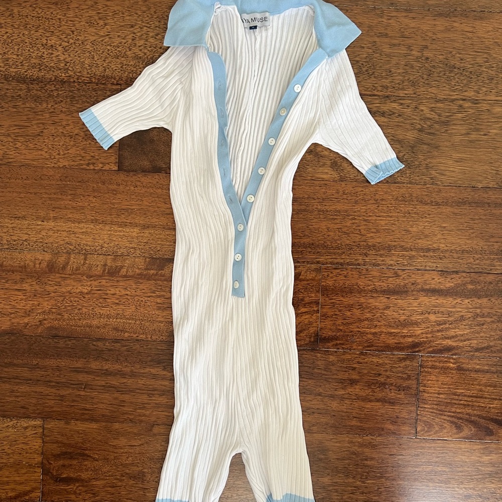 Aya Muse White Ribbed Knit Dress with Light Blue Trim